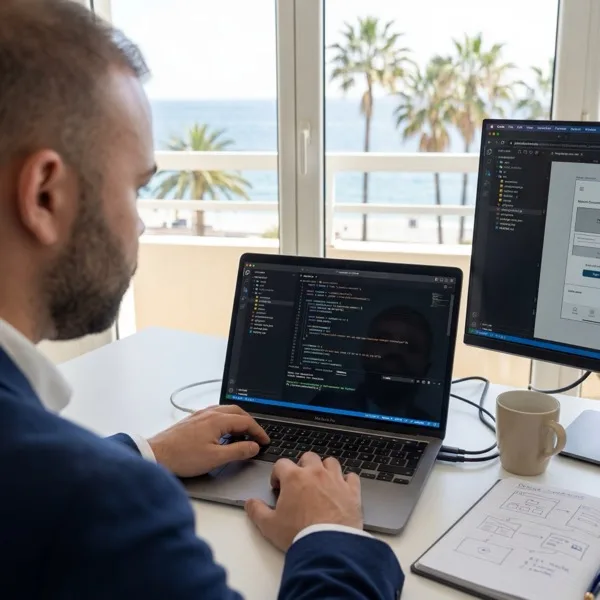 Sylvain Caron en train de coder face a la Promenade des Anglais